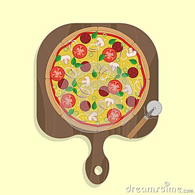 Vector illustration of a Pizza including pizza ingridients Mushroom Pepperoni Onion Sweet Pepper Tomato Cheese Basil Cartoon Illustration